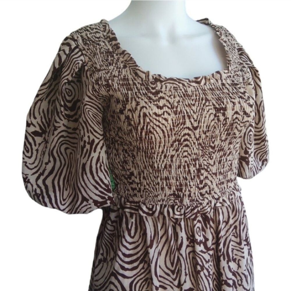 Anthropologie Moon River Smocked Puff Sleeve Midi Dress in Chocolate Swirl Print - Picture 7 of 11